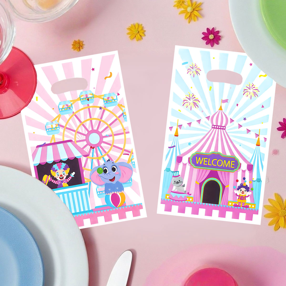 The Wedding Supply Store - ถุงของขวัญสำหรับงานปาร์ตี้ 20 ชิ้น/40 ชิ้น ถุงของขวัญที่มีธีมสวนสนุกและละครสัตว์ พร้อมลายตัวตลกและช้าง