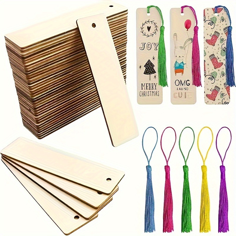 Wedding Supply Co - DIY 10 ชิ้น ที่คั่นหนังสือไม้สี่เหลี่ยมเปล่า พร้อมพู่หลากสี สำหรับงานแต่งงาน