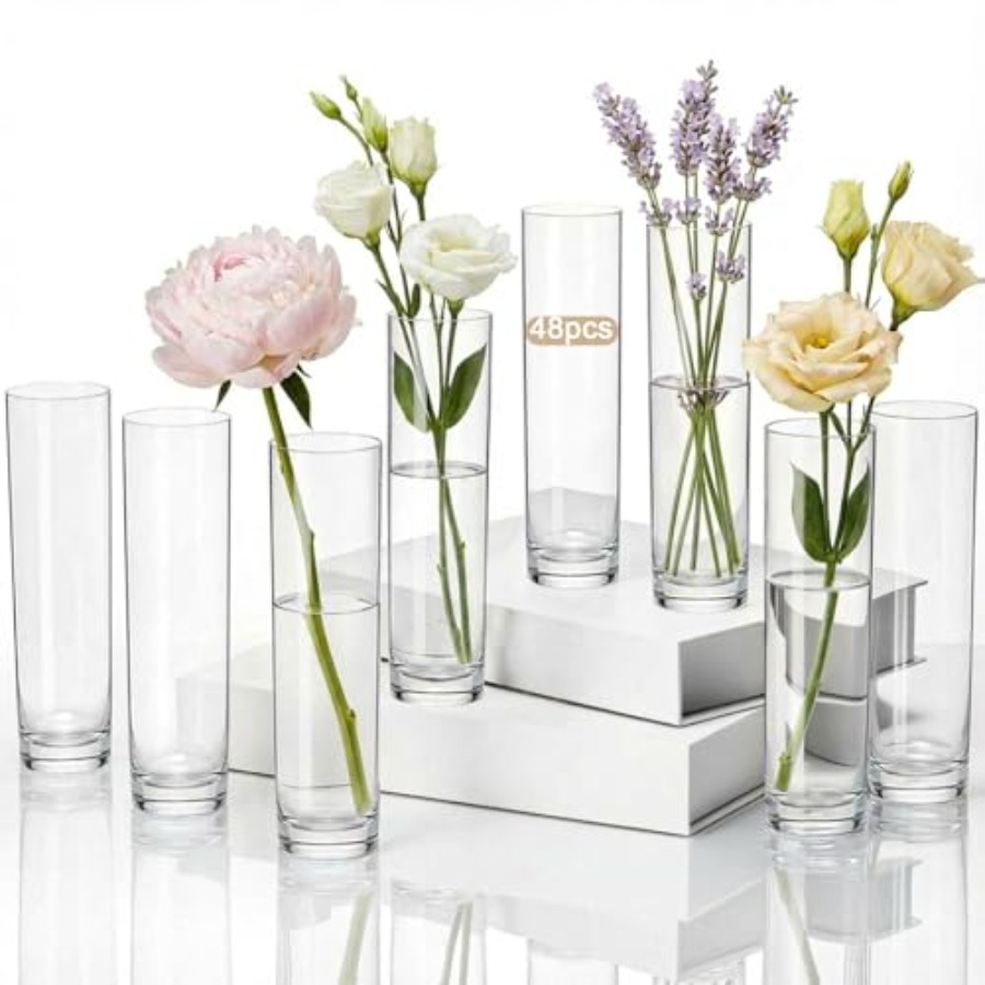 Centerpiece Vase Tall - แจกันทรงกระบอกอะคริลิก 48 ชิ้น สำหรับตกแต่งงานแต่งงาน แจกันพลาสติกใสทรงสูงเพรียวบาง แจกันขนาดเล็กสำหรับดอกกุหลาบเดี่ยว